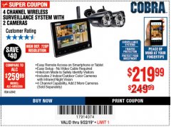 Harbor Freight Coupon 4 CHANNEL WIRELESS SURVEILLANCE SYSTEM WITH 2 CAMERAS Lot No. 63842 Expired: 9/22/19 - $219.99