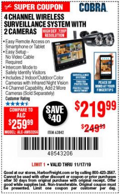 Harbor Freight Coupon 4 CHANNEL WIRELESS SURVEILLANCE SYSTEM WITH 2 CAMERAS Lot No. 63842 Expired: 11/17/19 - $219.99
