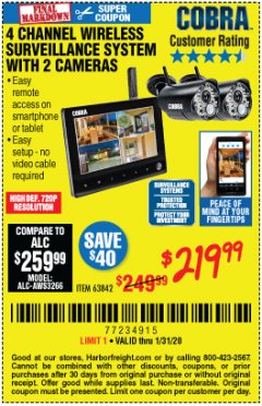Harbor Freight Coupon 4 CHANNEL WIRELESS SURVEILLANCE SYSTEM WITH 2 CAMERAS Lot No. 63842 Expired: 1/31/20 - $219.99