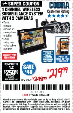 Harbor Freight Coupon 4 CHANNEL WIRELESS SURVEILLANCE SYSTEM WITH 2 CAMERAS Lot No. 63842 Expired: 2/7/20 - $219.99