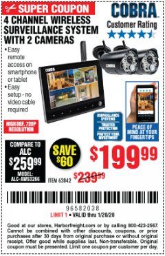 Harbor Freight Coupon 4 CHANNEL WIRELESS SURVEILLANCE SYSTEM WITH 2 CAMERAS Lot No. 63842 Expired: 1/20/20 - $199.99