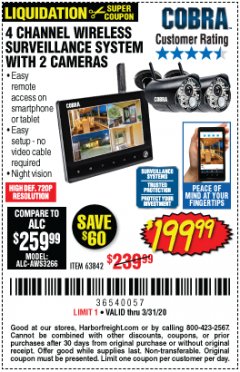 Harbor Freight Coupon 4 CHANNEL WIRELESS SURVEILLANCE SYSTEM WITH 2 CAMERAS Lot No. 63842 Expired: 3/31/20 - $199.99