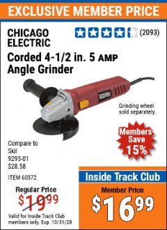 Harbor Freight ITC Coupon 4-1/2" HEAVY DUTY ANGLE GRINDER Lot No. 91223/60372 Expired: 10/31/20 - $16.99