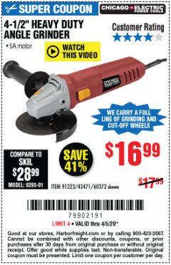 Harbor Freight Coupon 4-1/2" HEAVY DUTY ANGLE GRINDER Lot No. 91223/60372 Expired: 6/30/20 - $16.99