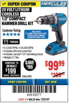 Harbor Freight Coupon HERCULES 1/2" COMPACT HAMMER DRILL/DRIVER KIT Lot No. 63382 Expired: 7/22/18 - $99.99