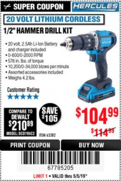 Harbor Freight Coupon HERCULES 1/2" COMPACT HAMMER DRILL/DRIVER KIT Lot No. 63382 Expired: 5/5/19 - $104.99