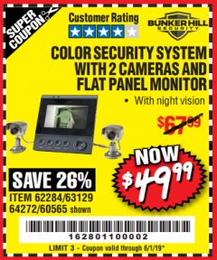 Harbor Freight Coupon COLOR SECURITY SYSTEM WITH 2 CAMERAS AND FLAT PANEL MONITOR Lot No. 62284/63129/60565 Expired: 6/1/19 - $49.99