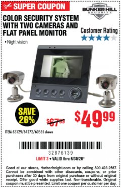Harbor Freight Coupon COLOR SECURITY SYSTEM WITH 2 CAMERAS AND FLAT PANEL MONITOR Lot No. 62284/63129/60565 Expired: 6/30/20 - $49.99