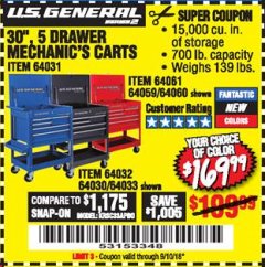 Harbor Freight Coupon 30", 5 DRAWER MECHANIC'S CARTS (RED, BLUE & BLACK) Lot No. 64031/64033/64032/64030/61427/64059/64060/64061/63308/95272 Expired: 9/10/18 - $169.99