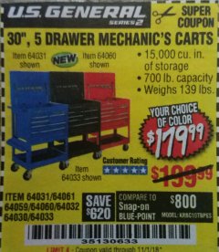 Harbor Freight Coupon 30", 5 DRAWER MECHANIC'S CARTS (RED, BLUE & BLACK) Lot No. 64031/64033/64032/64030/61427/64059/64060/64061/63308/95272 Expired: 11/1/18 - $179.99