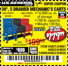 Harbor Freight Coupon 30", 5 DRAWER MECHANIC'S CARTS (RED, BLUE & BLACK) Lot No. 64031/64033/64032/64030/61427/64059/64060/64061/63308/95272 Expired: 6/30/19 - $179.99