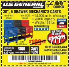 Harbor Freight Coupon 30", 5 DRAWER MECHANIC'S CARTS (RED, BLUE & BLACK) Lot No. 64031/64033/64032/64030/61427/64059/64060/64061/63308/95272 Expired: 11/3/18 - $179.99