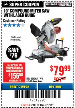 Harbor Freight Coupon 10" COMPOUND MITER SAW WITH LASER GUIDE Lot No. 61973/63900/69683 Expired: 7/2/18 - $79.99