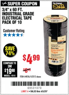 Harbor Freight Coupon 3/4" X 60 FT. INDUSTRIAL GRADE ELECTRICAL TAPE PACK OF 10 Lot No. 63312/64836 Expired: 6/30/20 - $4.99