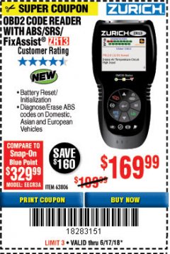 Harbor Freight Coupon ZURICH OBD2 SCANNER WITH ABS ZR13 Lot No. 63806 Expired: 6/17/18 - $169.99