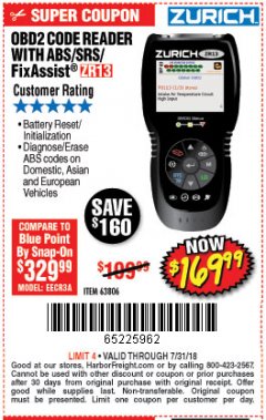 Harbor Freight Coupon ZURICH OBD2 SCANNER WITH ABS ZR13 Lot No. 63806 Expired: 7/31/18 - $169.99
