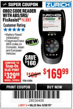 Harbor Freight Coupon ZURICH OBD2 SCANNER WITH ABS ZR13 Lot No. 63806 Expired: 9/30/18 - $169.99