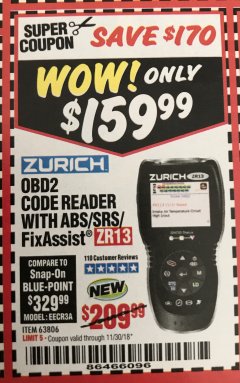 Harbor Freight Coupon ZURICH OBD2 SCANNER WITH ABS ZR13 Lot No. 63806 Expired: 11/30/18 - $159.99