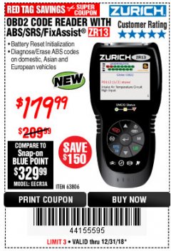 Harbor Freight Coupon ZURICH OBD2 SCANNER WITH ABS ZR13 Lot No. 63806 Expired: 12/31/18 - $179.99