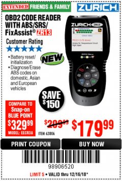 Harbor Freight Coupon ZURICH OBD2 SCANNER WITH ABS ZR13 Lot No. 63806 Expired: 12/16/18 - $179.99