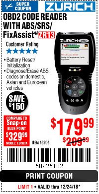 Harbor Freight Coupon ZURICH OBD2 SCANNER WITH ABS ZR13 Lot No. 63806 Expired: 12/24/18 - $179.99