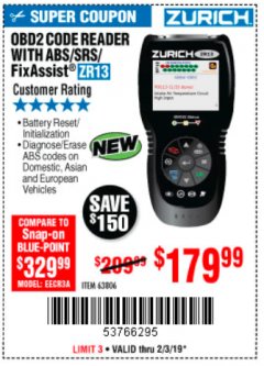 Harbor Freight Coupon ZURICH OBD2 SCANNER WITH ABS ZR13 Lot No. 63806 Expired: 2/3/19 - $179.99
