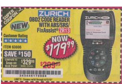 Harbor Freight Coupon ZURICH OBD2 SCANNER WITH ABS ZR13 Lot No. 63806 Expired: 4/13/19 - $179.99