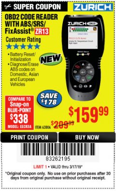 Harbor Freight Coupon ZURICH OBD2 SCANNER WITH ABS ZR13 Lot No. 63806 Expired: 3/17/19 - $159.99
