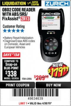 Harbor Freight Coupon ZURICH OBD2 SCANNER WITH ABS ZR13 Lot No. 63806 Expired: 4/30/19 - $179.99