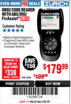Harbor Freight Coupon ZURICH OBD2 SCANNER WITH ABS ZR13 Lot No. 63806 Expired: 5/5/19 - $179.99