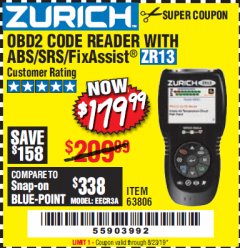 Harbor Freight Coupon ZURICH OBD2 SCANNER WITH ABS ZR13 Lot No. 63806 Expired: 8/23/19 - $179.99