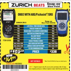 Harbor Freight Coupon ZURICH OBD2 SCANNER WITH ABS ZR13 Lot No. 63806 Expired: 9/30/19 - $169.99