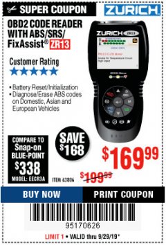 Harbor Freight Coupon ZURICH OBD2 SCANNER WITH ABS ZR13 Lot No. 63806 Expired: 9/29/19 - $169.99