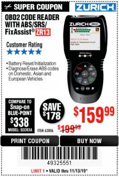 Harbor Freight Coupon ZURICH OBD2 SCANNER WITH ABS ZR13 Lot No. 63806 Expired: 11/13/19 - $159.99