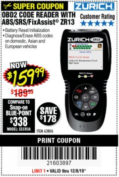 Harbor Freight Coupon ZURICH OBD2 SCANNER WITH ABS ZR13 Lot No. 63806 Expired: 12/8/19 - $159.99