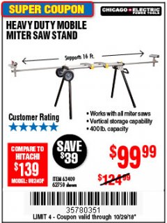 Harbor Freight ITC Coupon CHICAGO ELECTRIC HEAVY DUTY MOBILE MITER SAW STAND Lot No. 63409/62750 Expired: 10/28/18 - $169.99