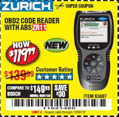 Harbor Freight Coupon ZURICH OBD2 CODE READER WITH ABS ZR11 Lot No. 63807 Expired: 10/30/18 - $119.99