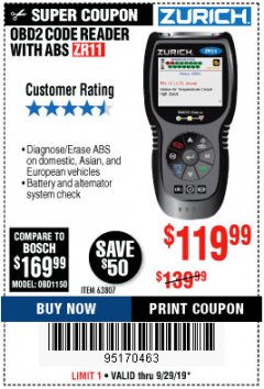 Harbor Freight Coupon ZURICH OBD2 CODE READER WITH ABS ZR11 Lot No. 63807 Expired: 9/29/19 - $119.99