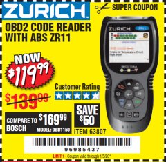 Harbor Freight Coupon ZURICH OBD2 CODE READER WITH ABS ZR11 Lot No. 63807 Expired: 1/5/20 - $119.99