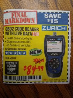 Harbor Freight Coupon ZURICH OBD2 CODE READER WITH LIVE DATA ZR8 Lot No. 63809 Expired: 2/28/19 - $84.99