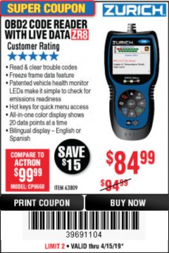 Harbor Freight Coupon ZURICH OBD2 CODE READER WITH LIVE DATA ZR8 Lot No. 63809 Expired: 4/30/19 - $84.99