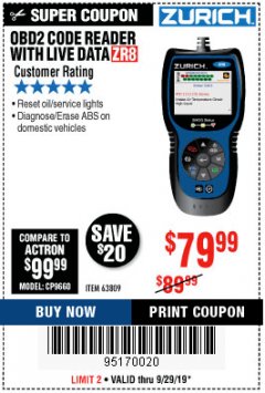Harbor Freight Coupon ZURICH OBD2 CODE READER WITH LIVE DATA ZR8 Lot No. 63809 Expired: 9/29/19 - $79.99