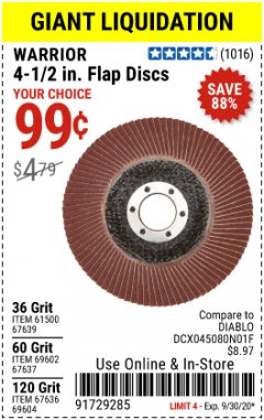 Harbor Freight Coupon 4-1/2 IN. 36 GRIT FLAP DISC Lot No. 61500 Expired: 9/30/20 - $0.99