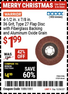 Harbor Freight Coupon 4-1/2 IN. 36 GRIT FLAP DISC Lot No. 61500 Expired: 12/26/22 - $1.99