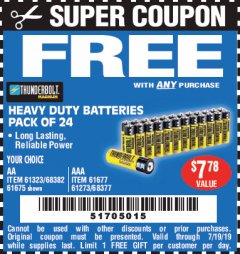 Harbor Freight FREE Coupon 24 PACK HEAVY DUTY BATTERIES Lot No. 61675/68382/61323/61677/68377/61273 Expired: 7/19/19 - FWP