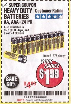 Harbor Freight Coupon 24 PACK HEAVY DUTY BATTERIES Lot No. 61675/68382/61323/61677/68377/61273 Expired: 9/5/19 - $1.99
