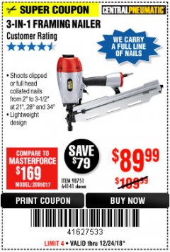 Harbor Freight Coupon 3-IN-1 FRAMING NAILER Lot No. 63455/64141/98751 Expired: 12/24/18 - $89.99