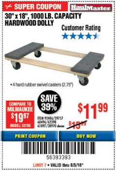 Harbor Freight Coupon 30" X 18" 1000LB. MOVERS DOLLY Lot No. 92486/39757/60496/62398/61897/38970 Expired: 8/5/18 - $11.99