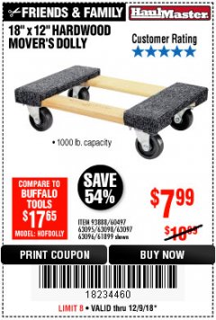 Harbor Freight Coupon 30" X 18" 1000LB. MOVERS DOLLY Lot No. 92486/39757/60496/62398/61897/38970 Expired: 12/9/18 - $7.99
