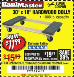 Harbor Freight Coupon 30" X 18" 1000LB. MOVERS DOLLY Lot No. 92486/39757/60496/62398/61897/38970 Expired: 10/1/19 - $11.99
